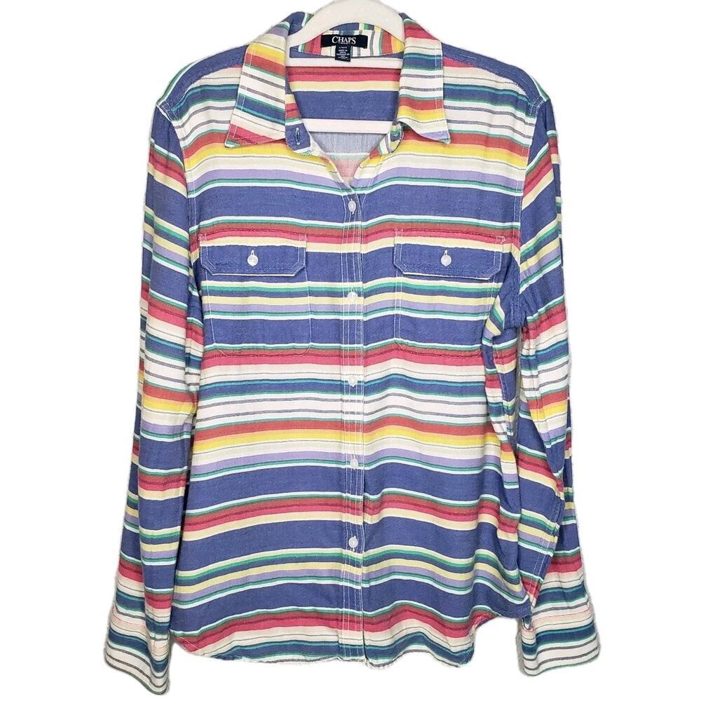 Chaps Denim Long Sleeve Button Shirt Size L Stripes Multi Color Women's